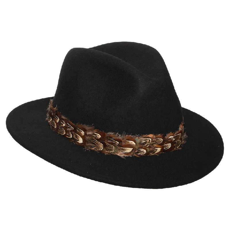 Denton Hats Kansas Crushable Water Repellent Wool Felt Fedora Hat With Feather Band - Black