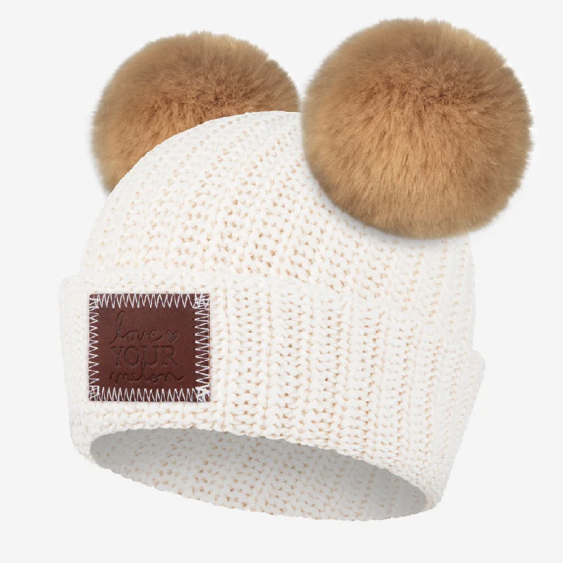 White Speckled Double Pom Beanie (Natural Poms)