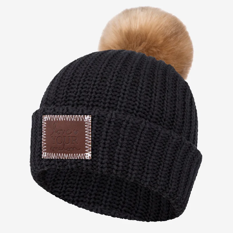 Black Pom Beanie (Natural Pom)