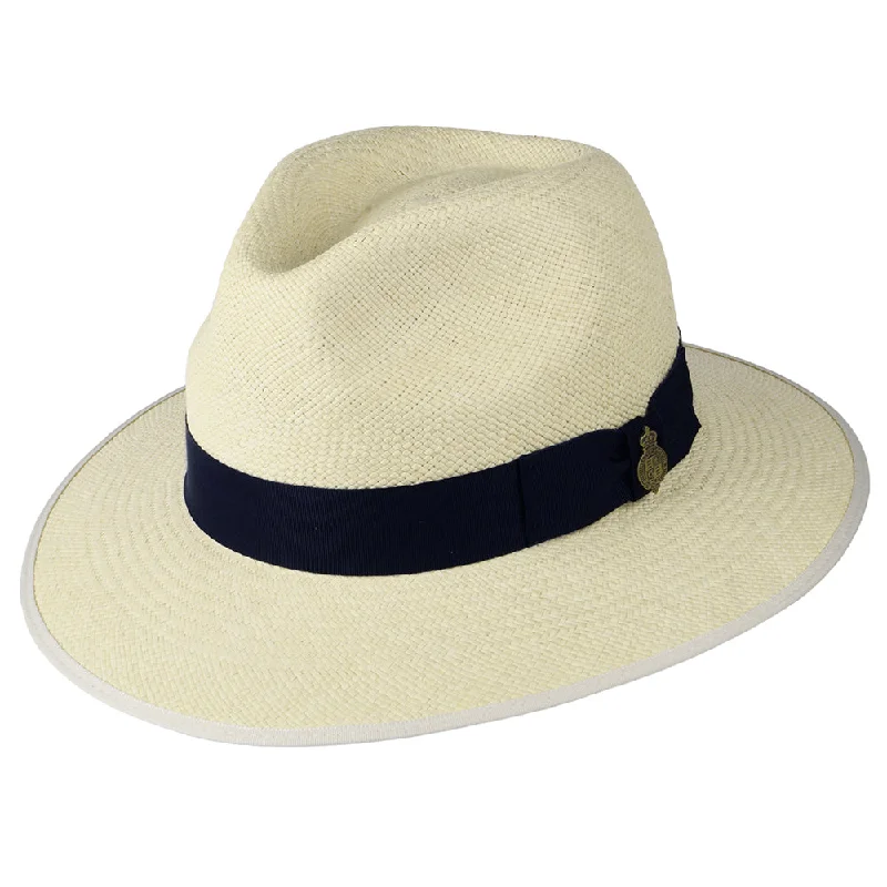 Christys Hats Superfine Downbrim Panama Fedora Hat With Navy Band - Semi-Bleached