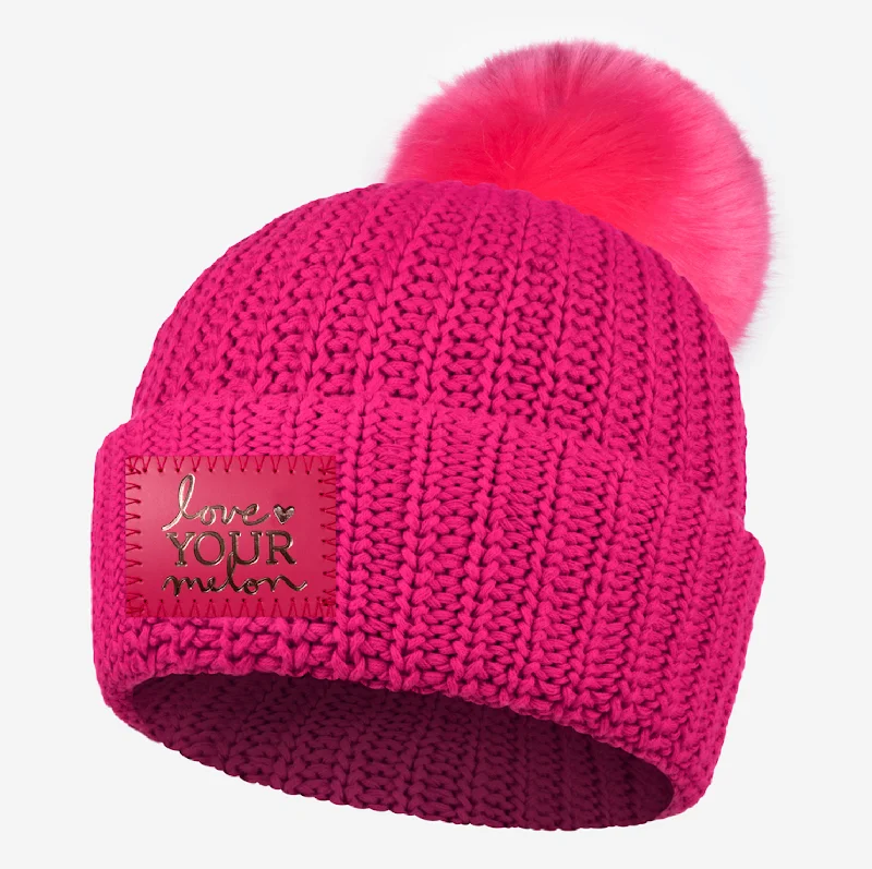 Neon Pink Rose Foil Pom Beanie