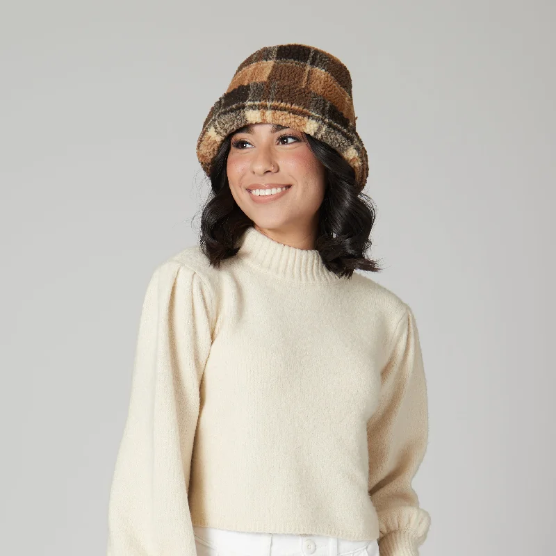 Helen - Cut & Sew Printed Plaid Sherpa Cap W/ Cuff